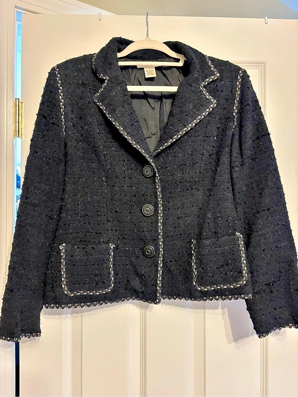 Cabi Black Textured Tweed 3-Button Blazer Black Size 14